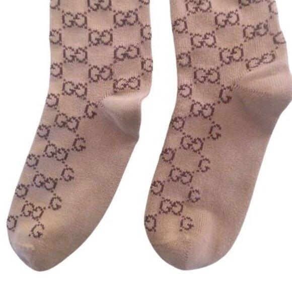GUCCI | Web Stripe Camel Brown GG Logo Jacquard Knit Calf Socks Unisex Pre-Owned - Picture 7 of 12
